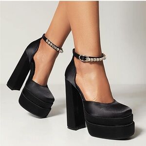 Designer Inspired Rhinestone Embellished Satin Platform Chunky Heels